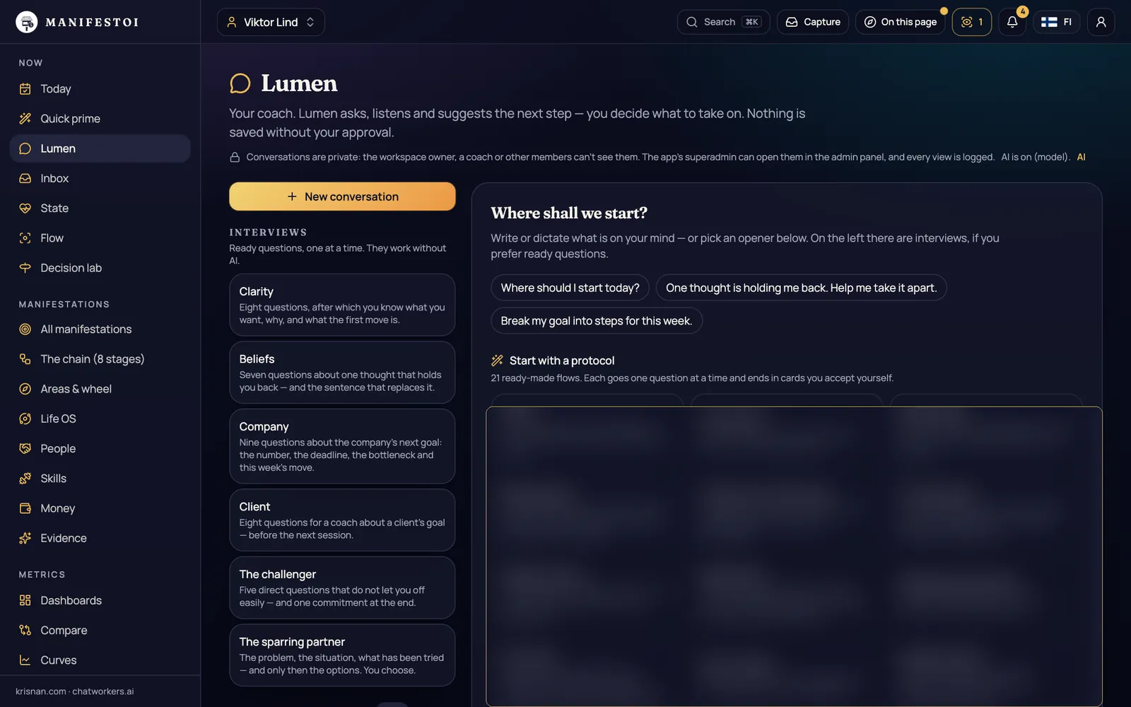The Lumen coach – Interviews, protocols and a conversation that reads your rows before advising.