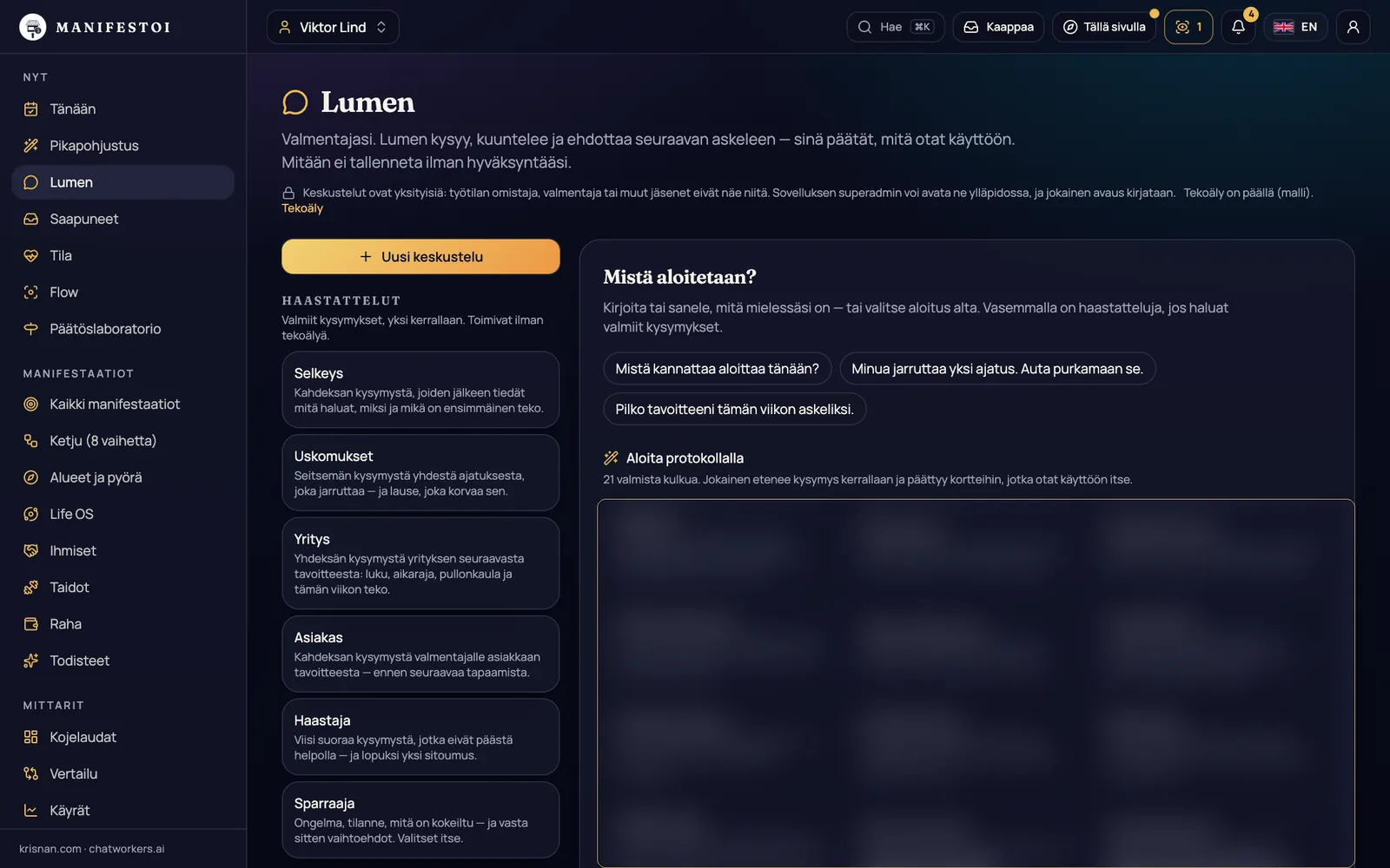 Lumen-valmentaja – Haastattelut, protokollat ja keskustelu, joka lukee rivisi ennen kuin neuvoo.