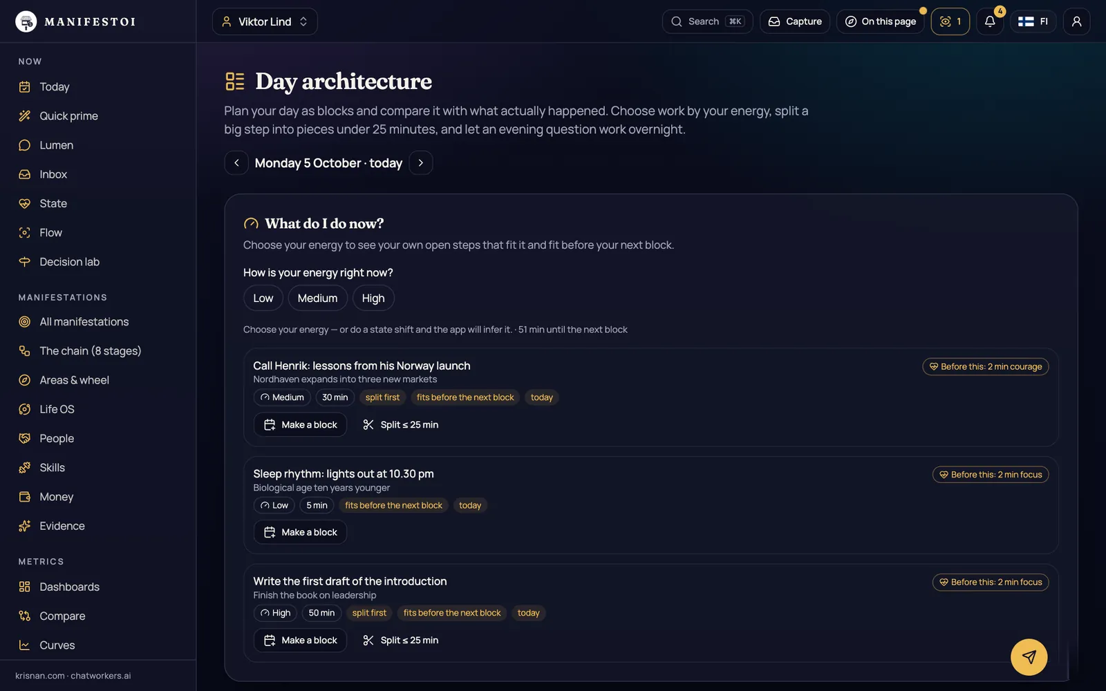 Day architecture – Deep work, shallow work and recovery on a timeline – “What do I do now?” by energy.