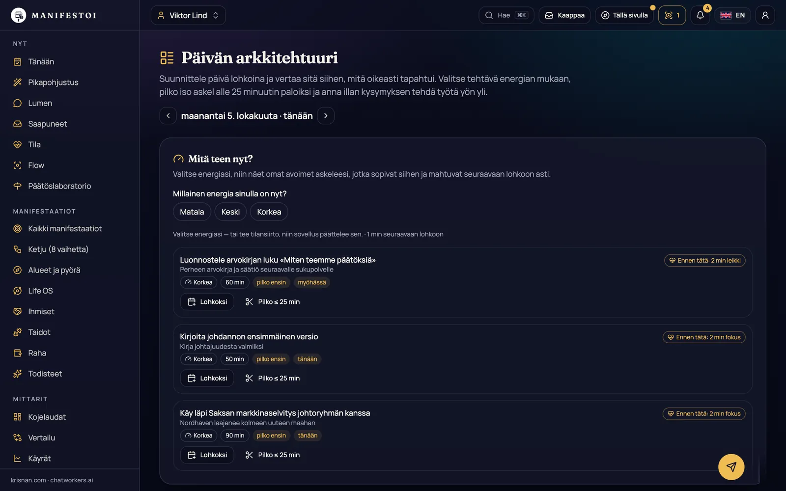 Päivän arkkitehtuuri – Syvätyö, matala työ ja palautus aikajanalla – «Mitä teen nyt?» energian mukaan.