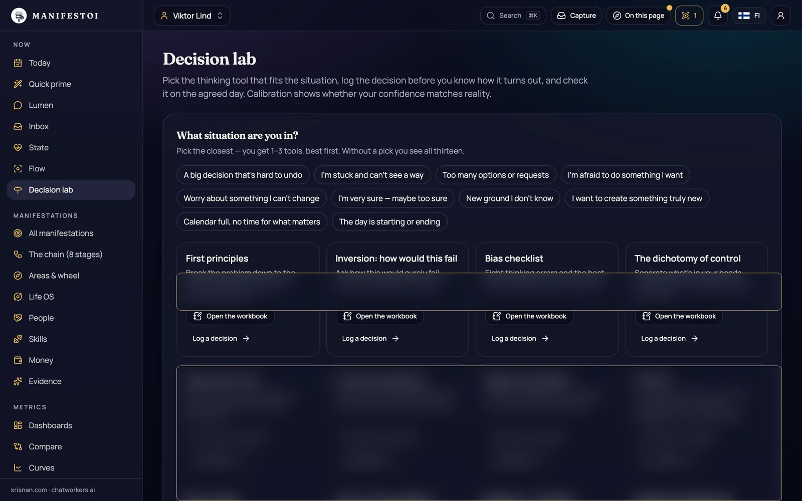 Decision lab – A situation picker and thirteen thinking tools – a prediction before, a review after.