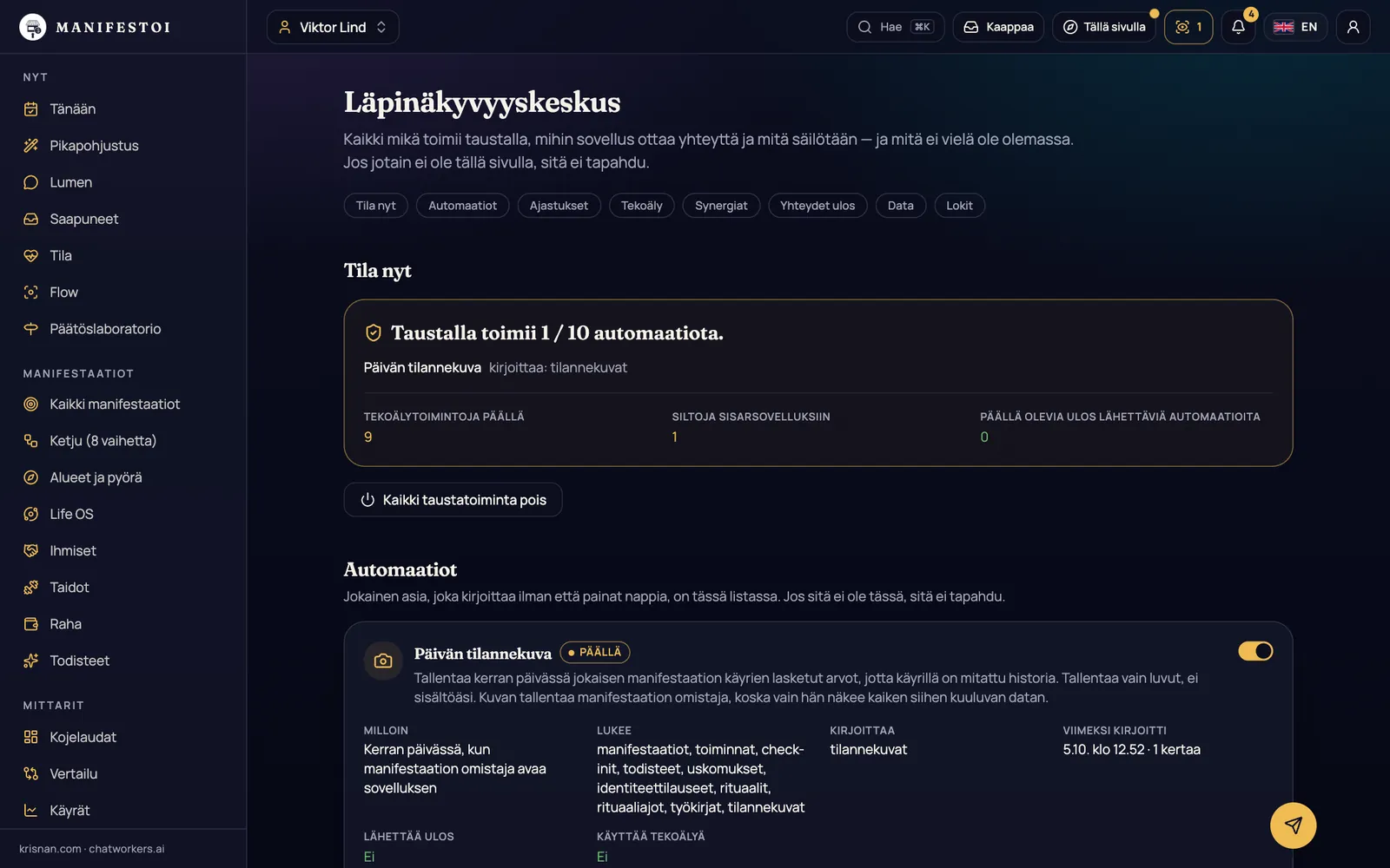 Läpinäkyvyyskeskus – Jokainen automaatio näkyvissä ja oletuksena pois. Hätäkytkin yhdellä painalluksella.