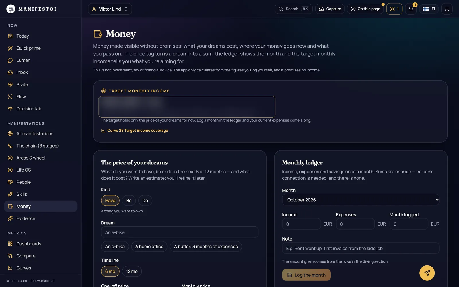 Money – The dream price tag and target monthly income – money made visible without promises.