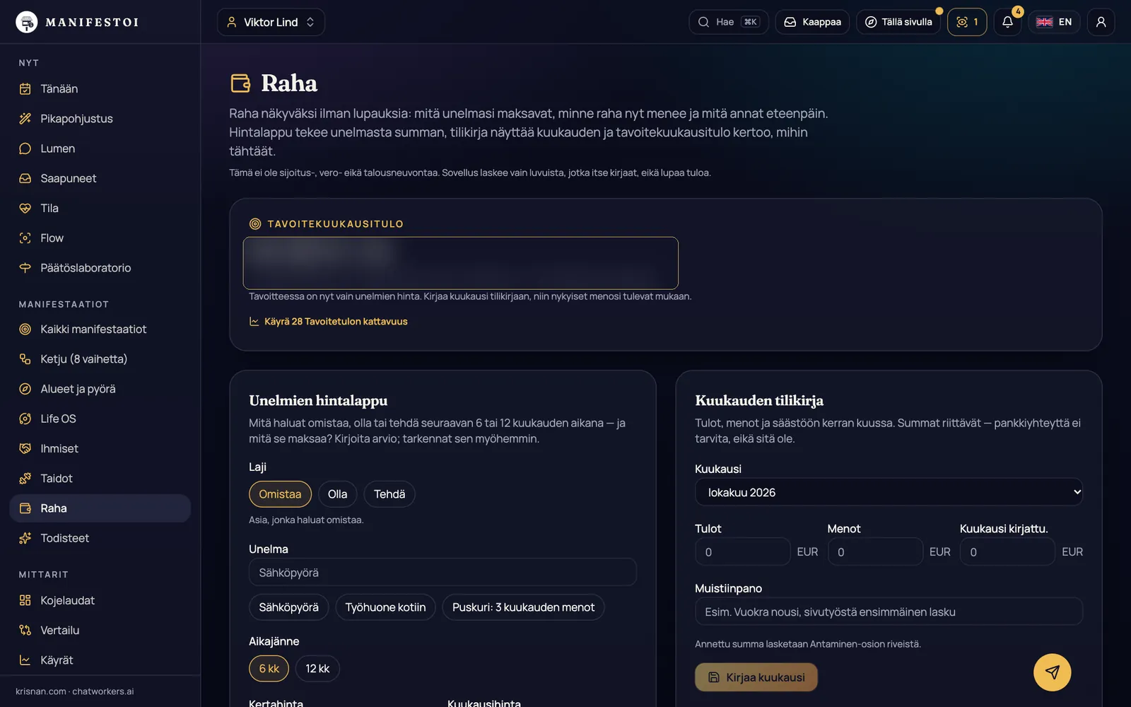 Raha – Unelmien hintalappu ja tavoitekuukausitulo – raha näkyväksi ilman lupauksia.