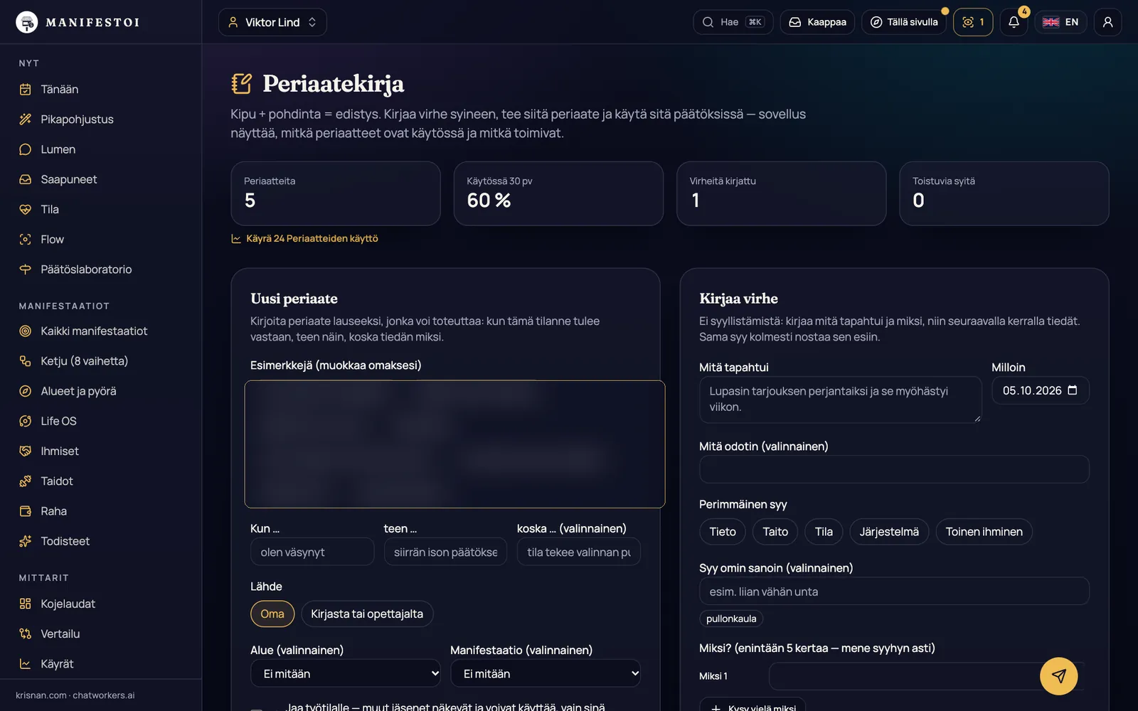 Periaatekirja – Virhe → periaate → käyttö päätöksissä. «Tämä toistuu» näyttää kaavan.