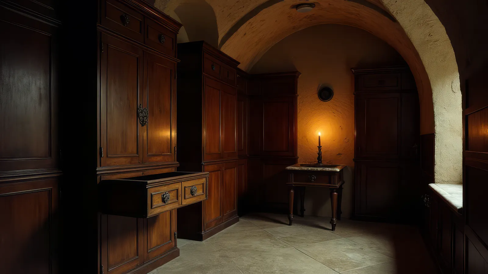 An old vault room with dark cabinets and a single candle
