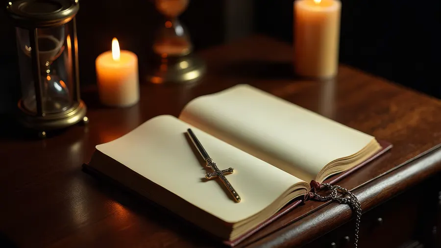 An open leather-bound book, candles and an hourglass on a dark desk