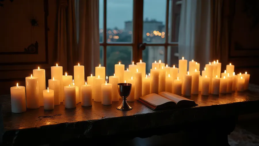 Dozens of burning candles on a stone table before a window