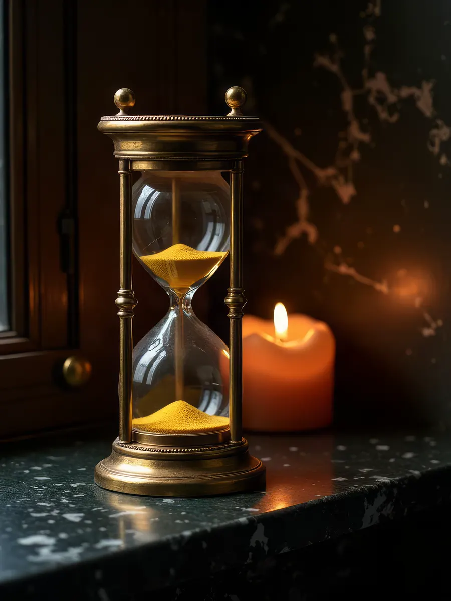 An hourglass with golden sand running, beside a candle