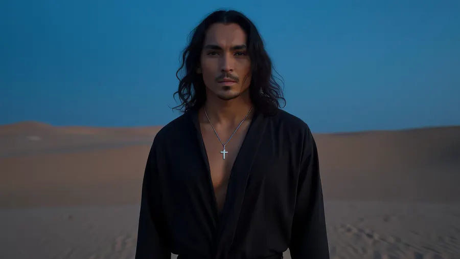 A man in a dark robe in the desert at blue hour