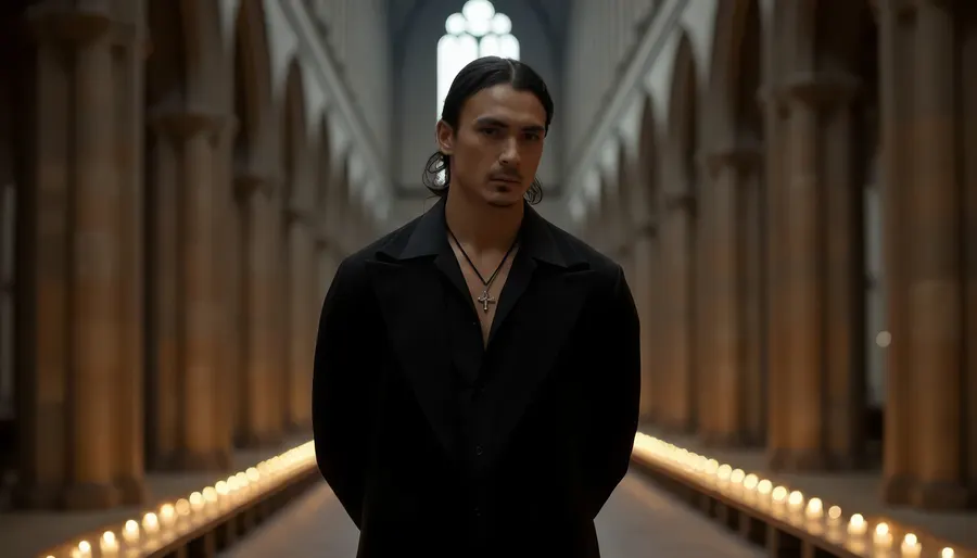 A man in a long black coat in a cathedral aisle lined with candles
