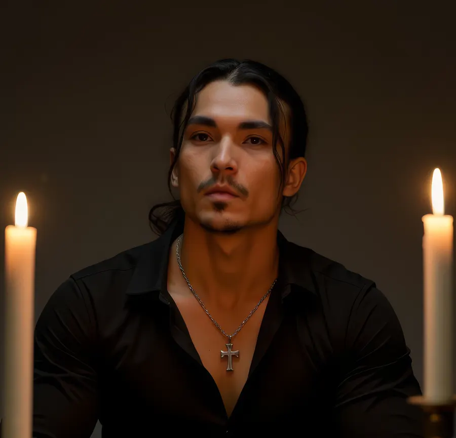 A man at a writing desk between two candles