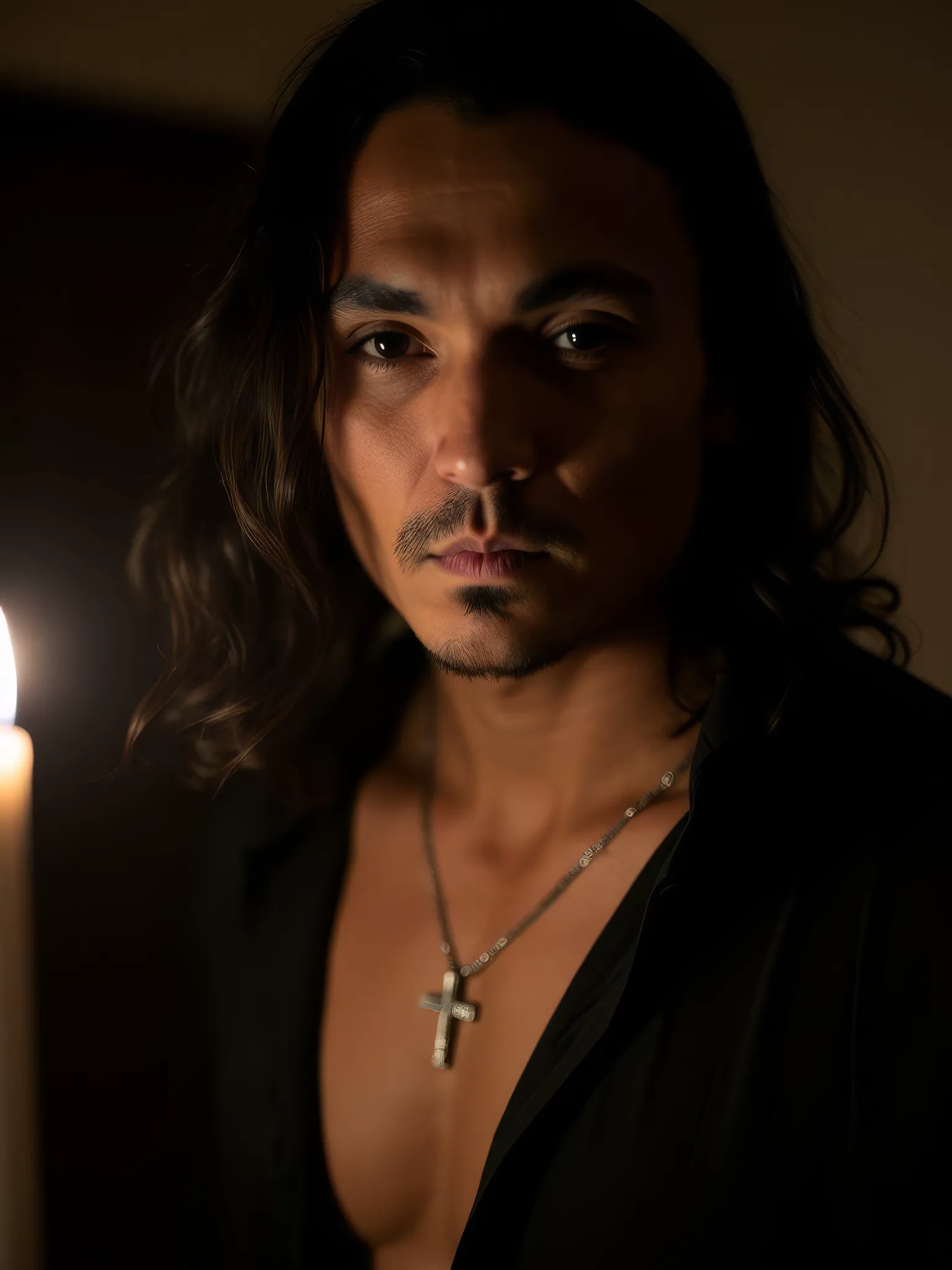 A close-up by candlelight, a silver cross at his neck