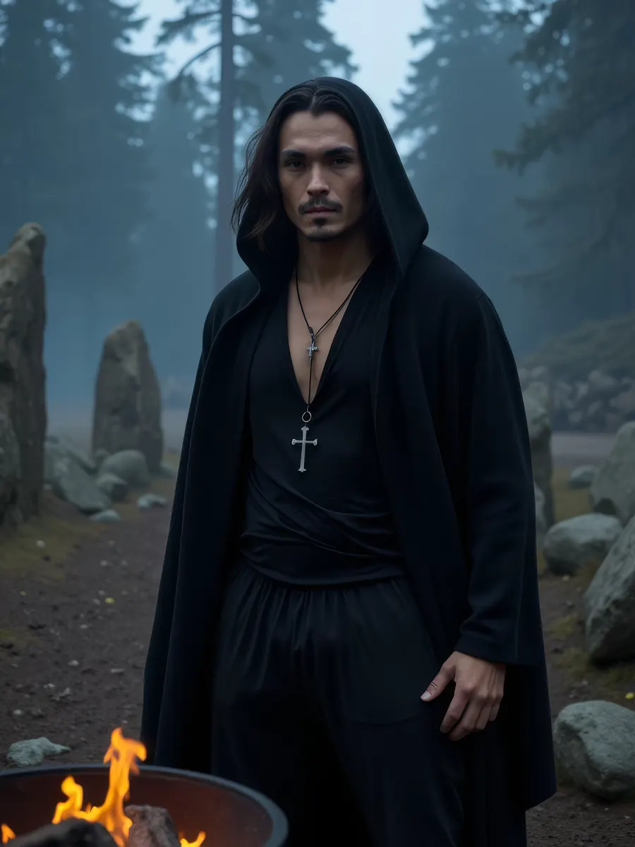 A man in a hooded cloak inside a stone circle in a misty forest by a fire bowl