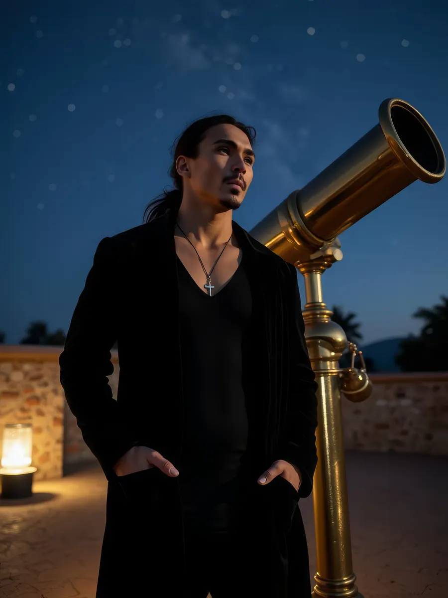 A man beside a brass telescope under a starry sky