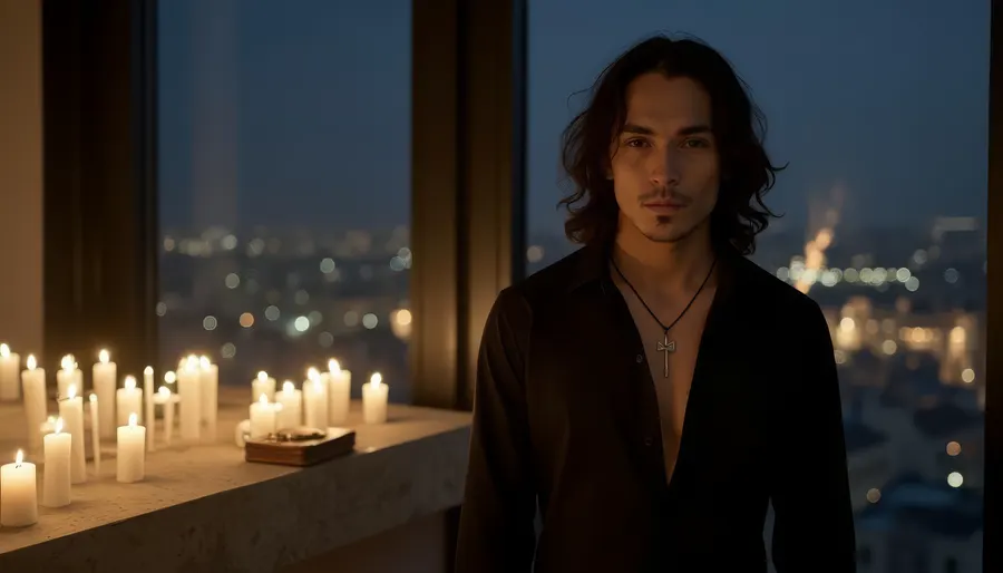 A man by a window with city lights and dozens of candles behind him