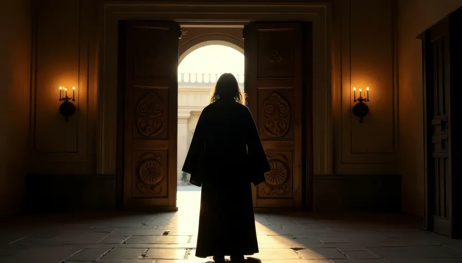 A silhouette before an ancient door with light pouring through